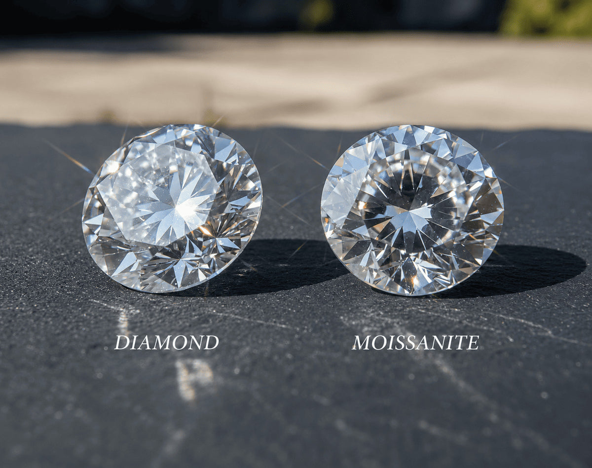 IceGrind moissanite chain stone comparison showing diamond and moissanite fire, brilliance, and light reflection.