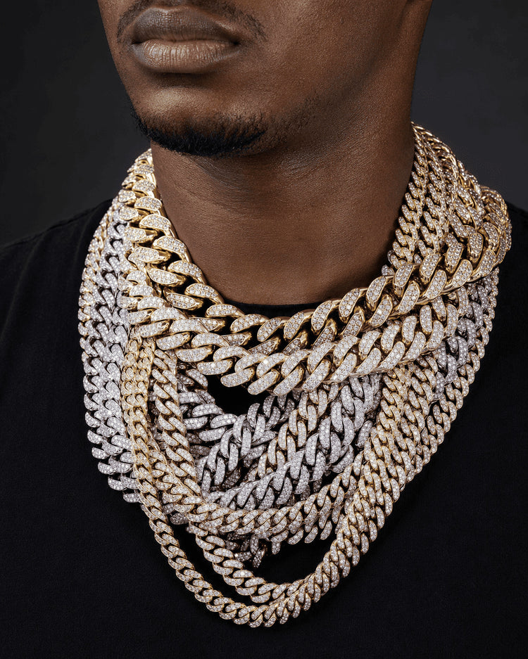 IceGrind Cuban link chain close-up with stacked iced Cuban links in gold and silver tones