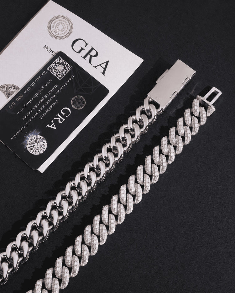 IceGrind moissanite chain close-up with iced silver Cuban links and GRA certification card