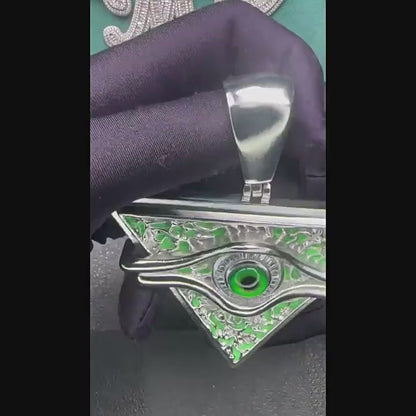 White Gold Evil Eye Pendant - Green Triangle Shield