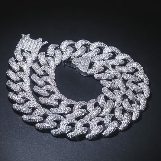 20MM White Gold Cuban Link Chain - 4-Row VVS Stones