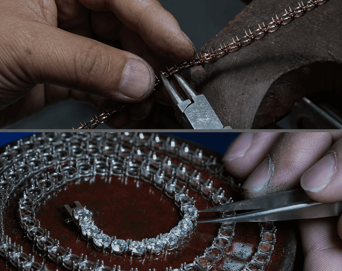 IceGrind moissanite chain handmade production process with expert jewelers hand-setting and polishing stones.