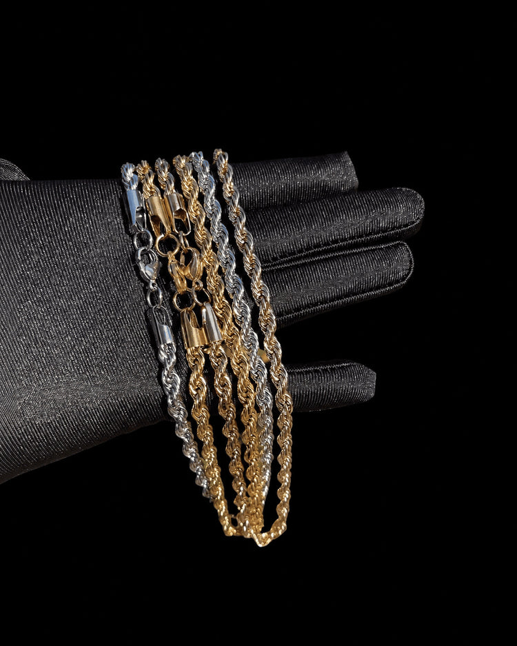 IceGrind rope chain close-up with mixed metal rope chains in gold, silver, and rose gold