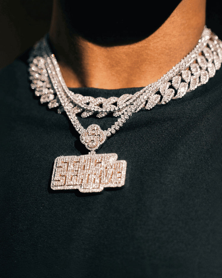 IceGrind silver chain close-up with layered iced chains and a custom diamond pendant