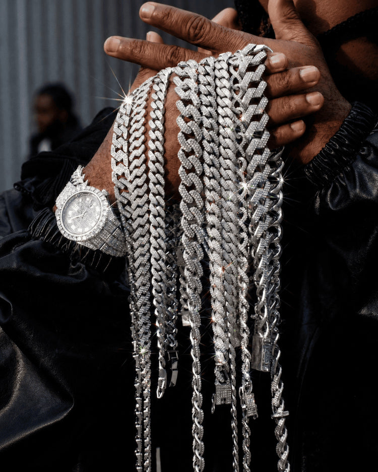 IceGrind silver Cuban link chain for men with iced out Cuban chains and diamond watch