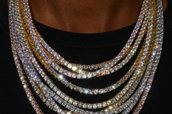 IceGrind tennis chain collection featuring layered diamond tennis chains on a Black male model
