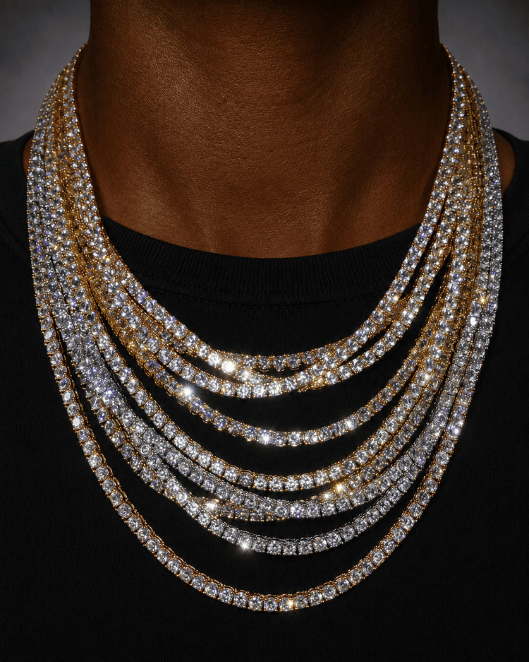 IceGrind tennis chain close-up with stacked diamond tennis chains on a Black male model